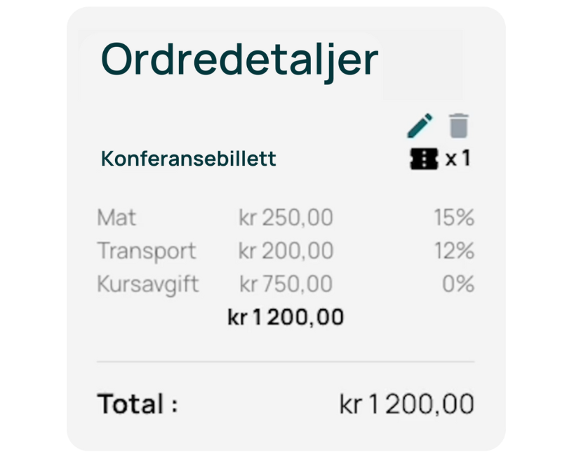 Skjermdump som viser oppsummering av pakkepris med ulike mva-satser i LetsReg påmeldingssystem