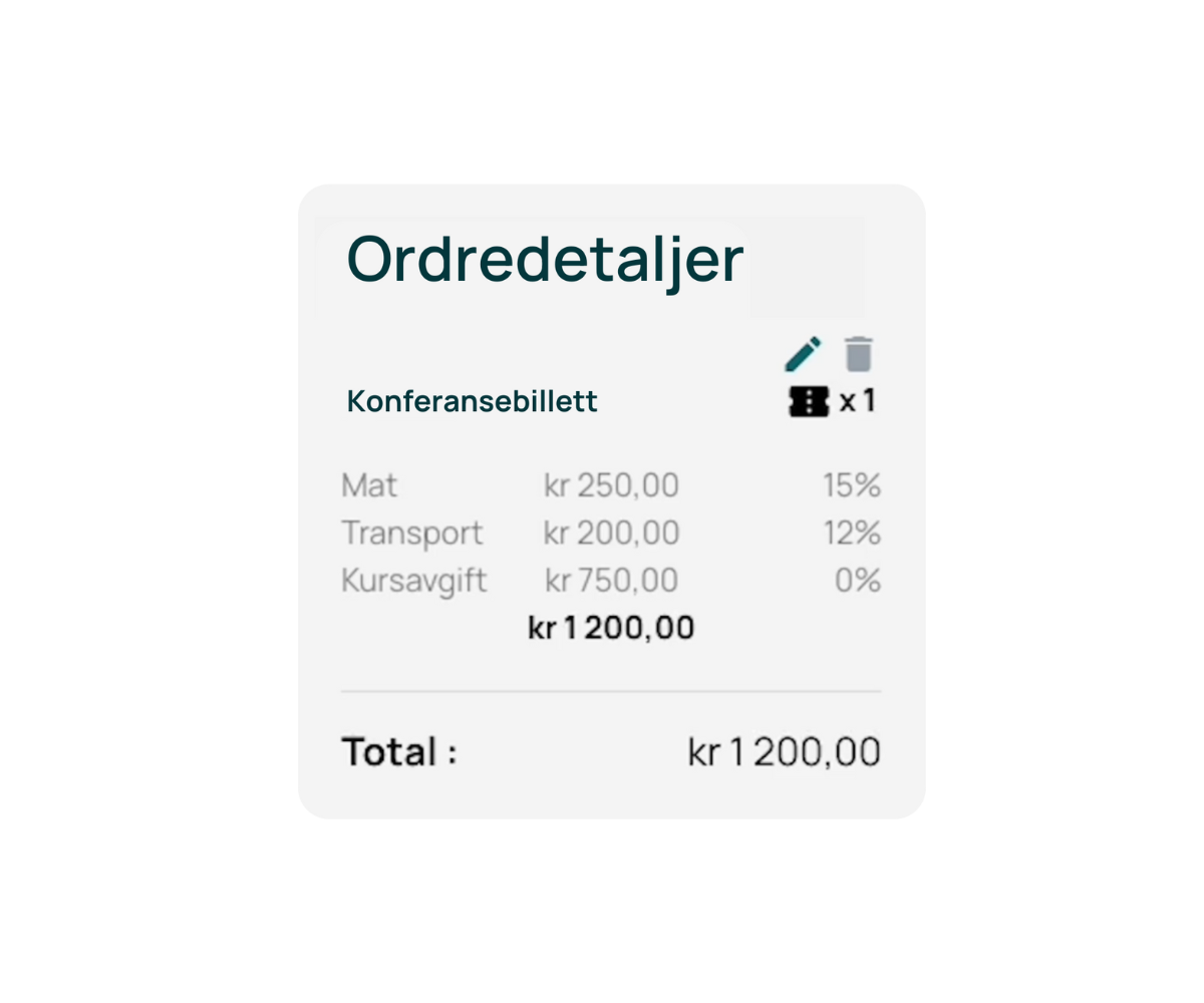 Illustrasjon av ordredetaljer med ulik mva-sats