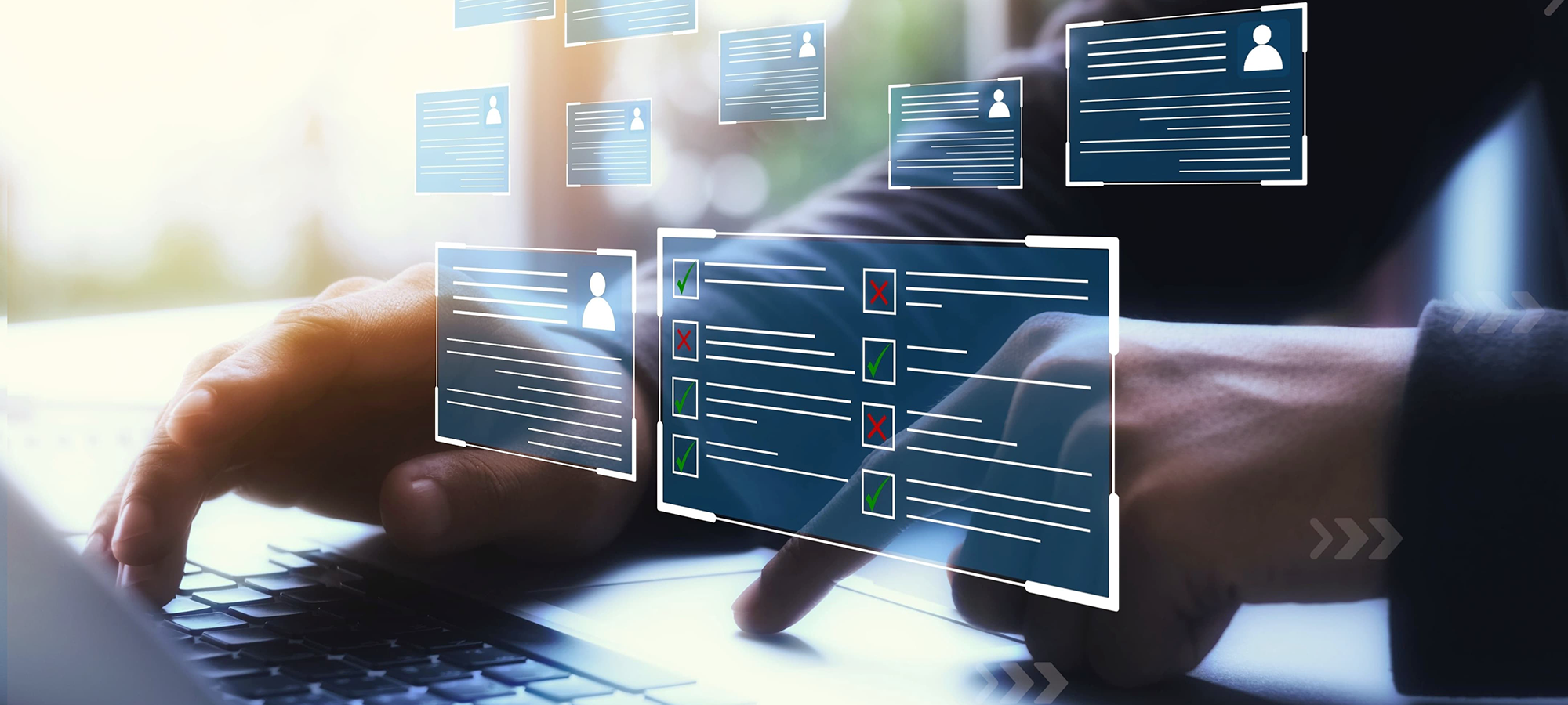 Illustration of a contact card floating in front of a person working on a laptop, highlighting digital consent management and professional organisation.