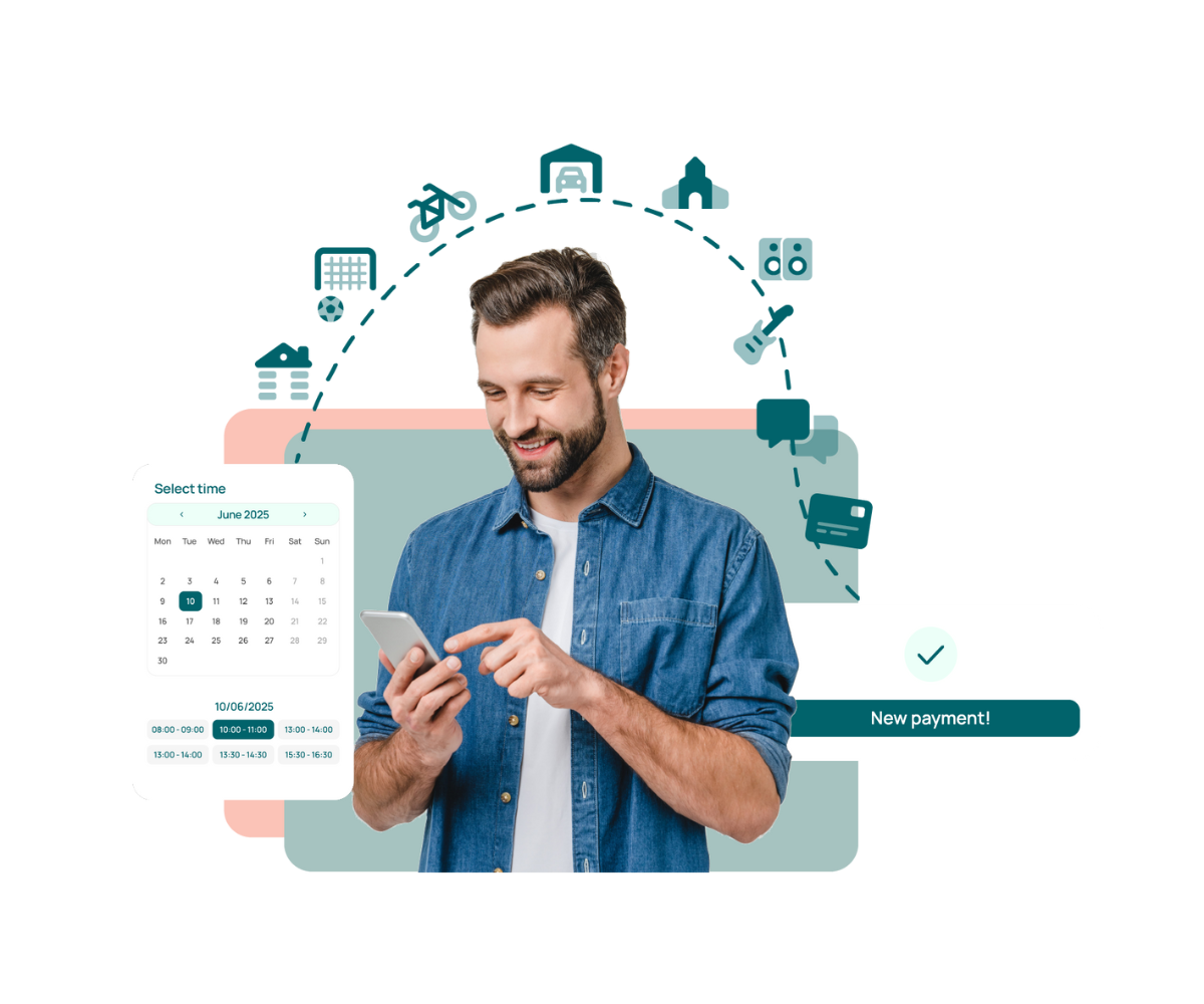 A cheerful man with a mobile phone in his hand and illustrations showing what he can rent out in the LetsReg booking system.