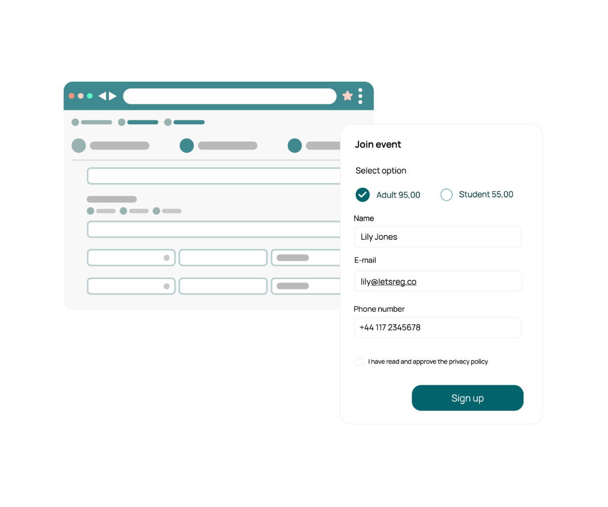 Illustration of registration system and form in LetsReg booking system